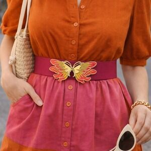 Vintage 80s Pink Stretch Elastic Waist Belt‎ Gold Enamel Butterfly Buckle S-XL